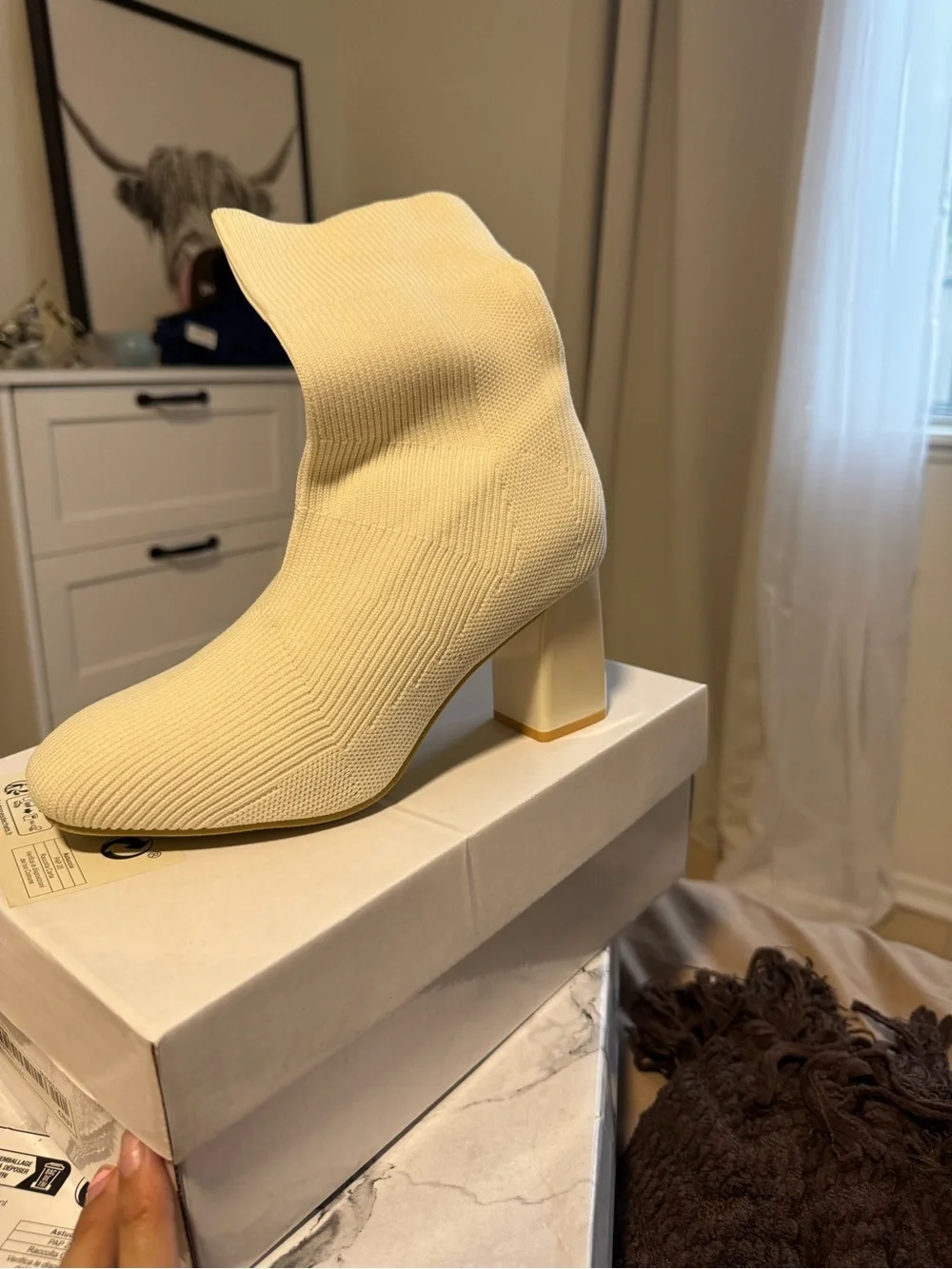 SHEIN Cream Knit Ankle Sock Boots with Block Heel
